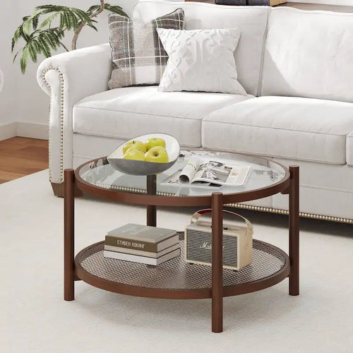 Table basse ronde en bois de 31 pouces avec plateau en verre trempé, fabriquée à la main - bois de cerisier + transparent - Voir les détails