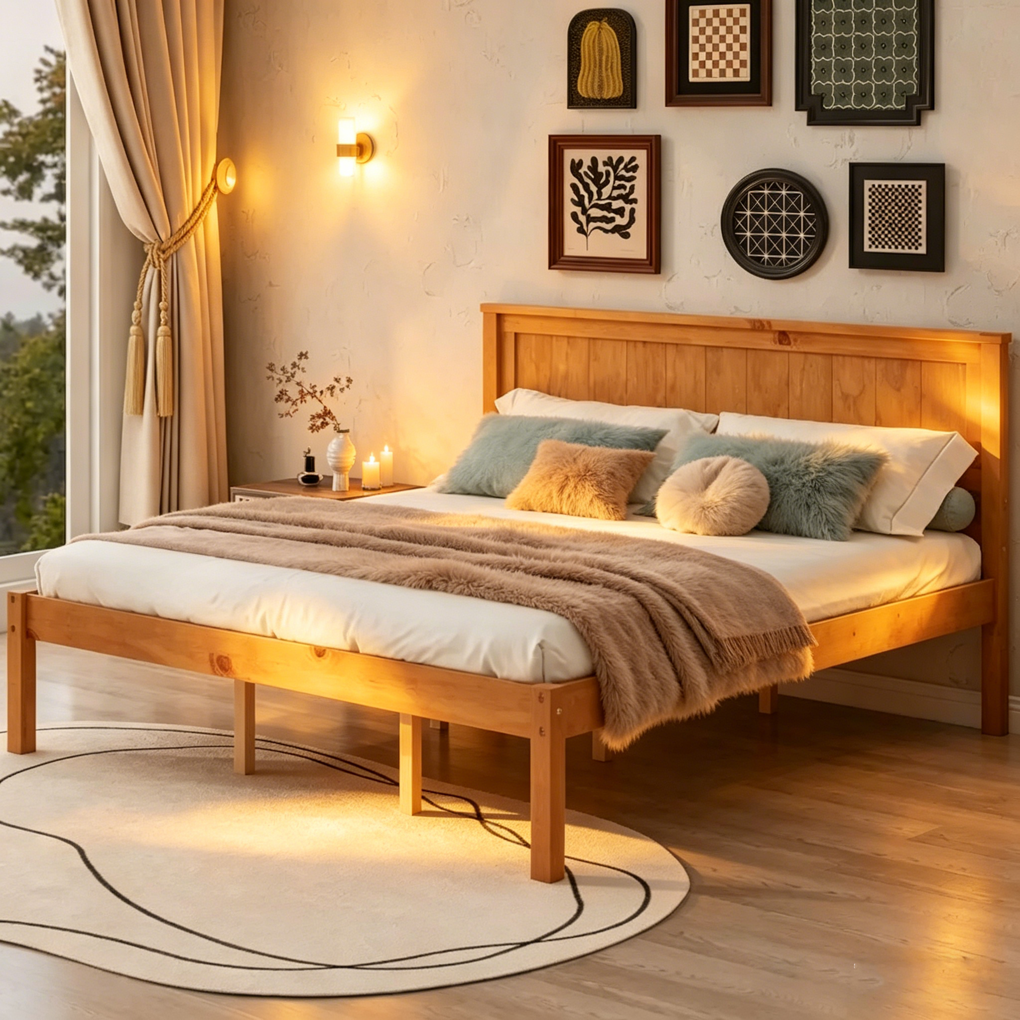 Lit plateforme en pin de taille Queen Espresso avec tête de lit et support à lattes en bois