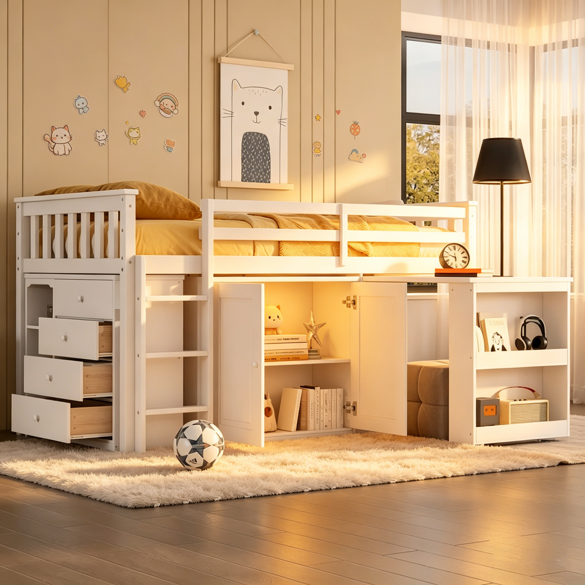 Lit mezzanine double avec bureau coulissant, 2 armoires, 4 tiroirs et étagères