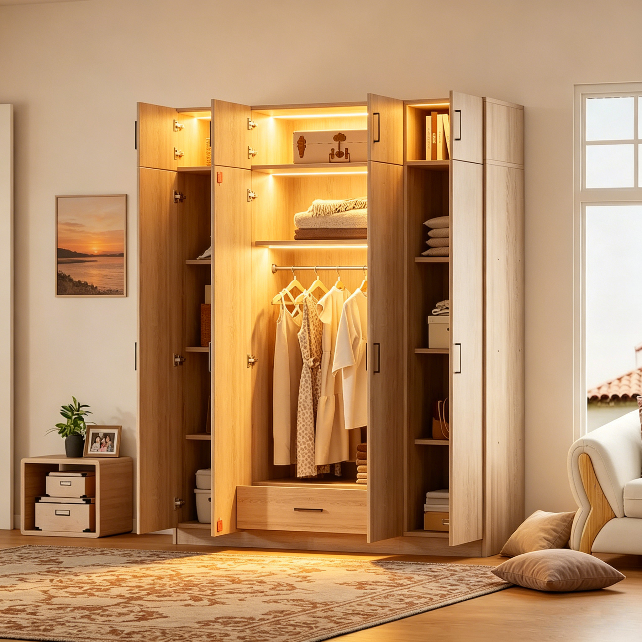 Armoire avec plusieurs options de rangement et placards supérieurs