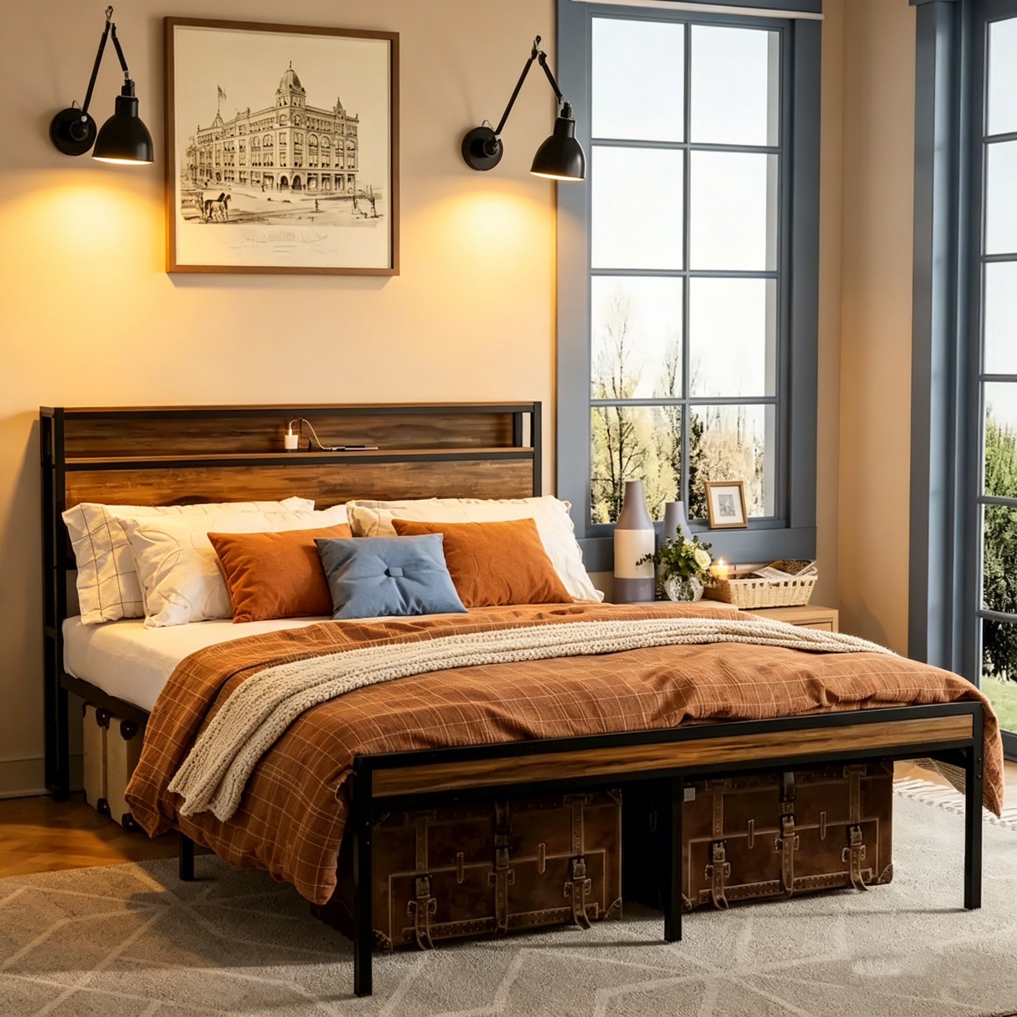 Lit plateforme Queen Size avec tête de lit de rangement, éclairage LED et port de charge
